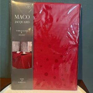 Maco Jacquard Tablecloth 60" x 102” Red Polka Dot, Portugal, New in Package